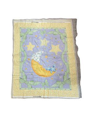 Unfinished Baby Quilt Panel Moon & Stars Machine Quilted Poly Batting Yellow UFO